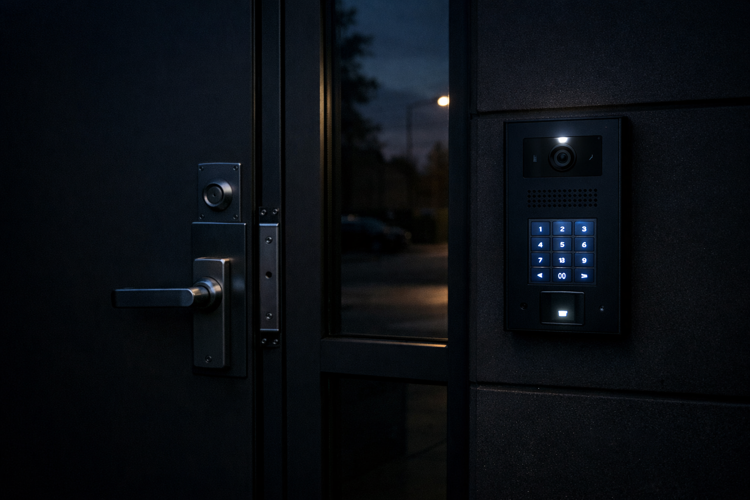 Secure building entrance at dusk with controlled access system